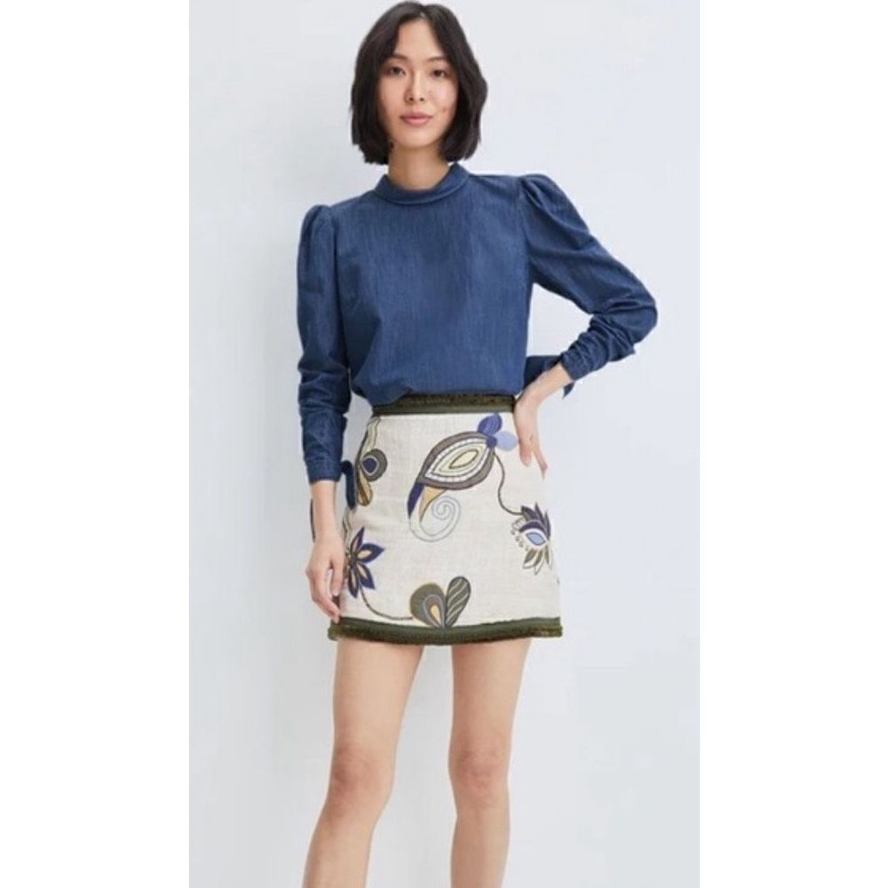 Veronica Beard Cream Mini Skirt with Blue and Olive Floral Embroidery